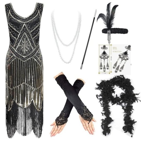 Women's Vintage 1920's Sequin Beaded Tassels Hem Flapper Dress with Accessories - Picture 1 of 7